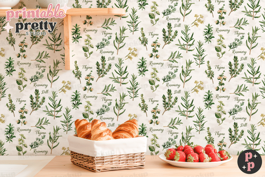 A Wicker Basket Of Croissants Sits On A Kitchen Counter In Front Of A Bowl Of Strawberries.  The Counter Has A Background Of Herb-Themed Wallpaper.