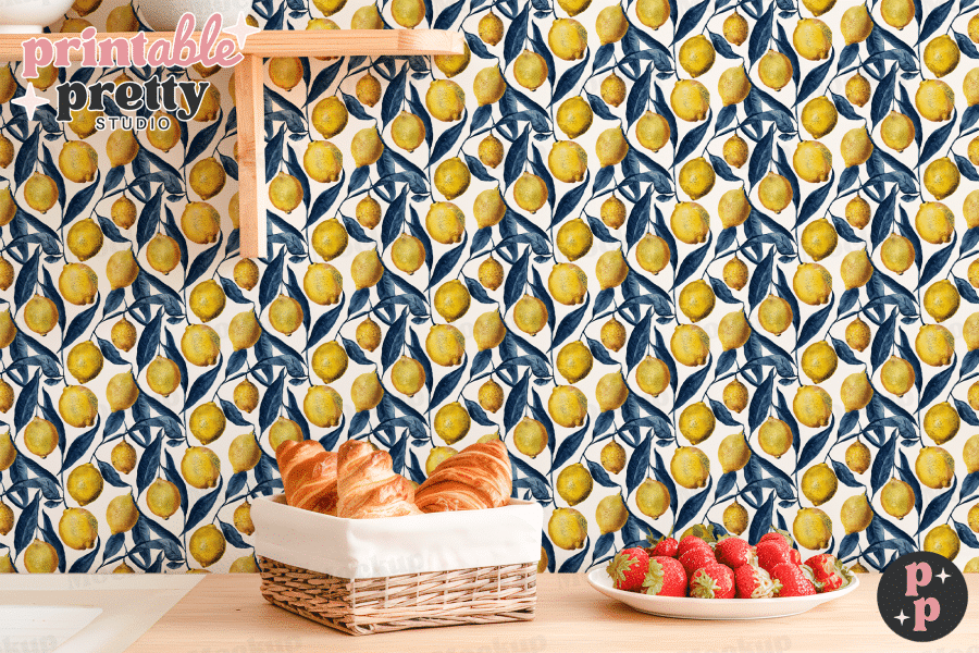 Lemon Wallpaper Featuring A Repeating Pattern Of Yellow Lemons And Dark Blue Leaves.
