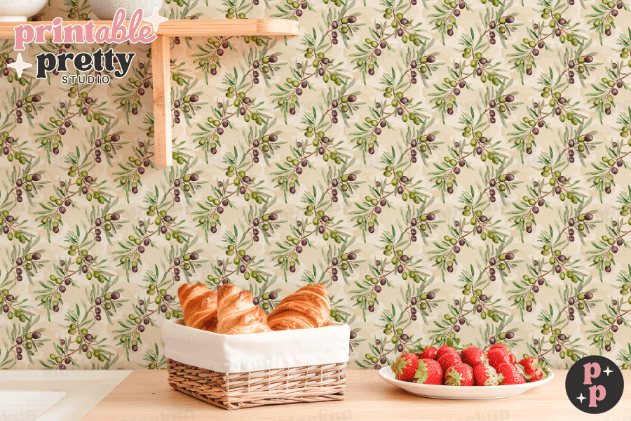 Olive Branch Pattern Wallpaper With Croissants And Strawberries In Front.