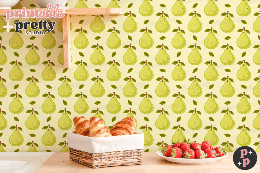 Kitchen Counter With A Pear Patterned Backsplash, A Basket Of Croissants, And A Bowl Of Strawberries.