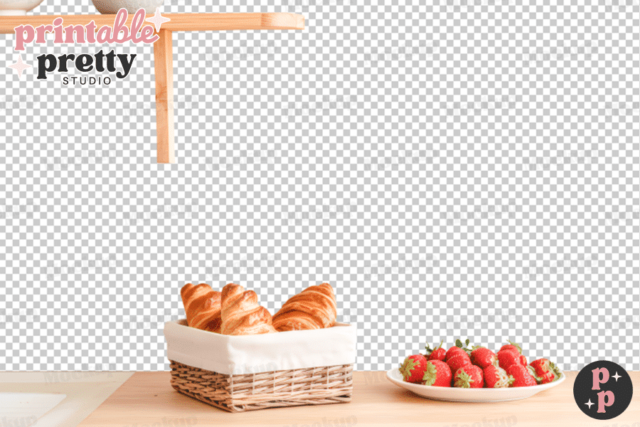 Croissants In A Wicker Basket And Strawberries On A Plate Sit On A Wooden Table.