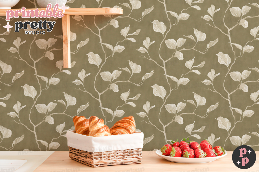 Strawberries and Croissants Kitchen Wallpaper Mockup PSD