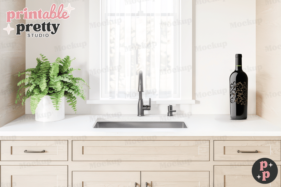 Kitchen Sink With A Plant And Wine Bottle.