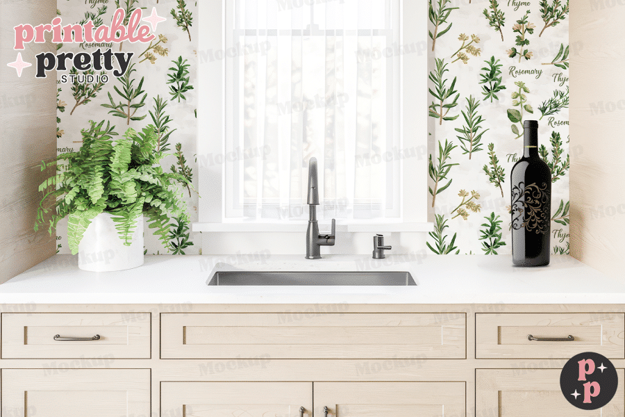 Kitchen Sink And Countertop With Herb-Themed Backsplash, A Plant, And A Wine Bottle.