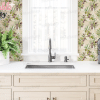 Kitchen Sink And Counter With Olive Branch Patterned Backsplash.