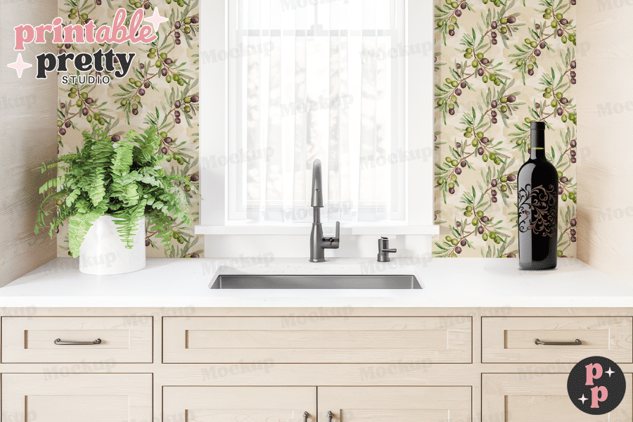 Kitchen Sink And Counter With Olive Branch Patterned Backsplash.