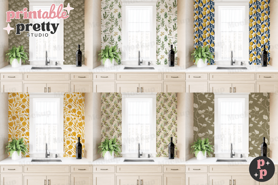 Kitchen backsplash mockup featuring six different floral and botanical patterned wallpaper designs.