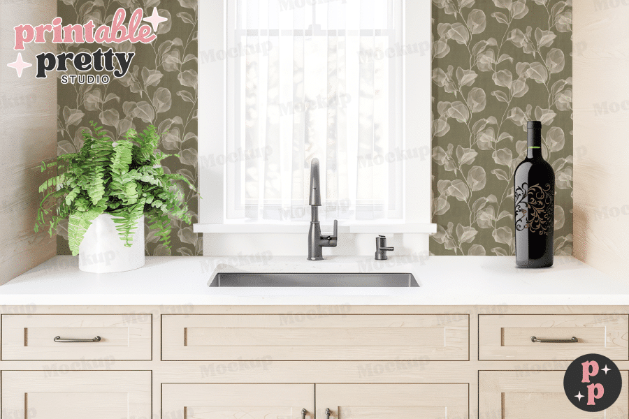 Kitchen Sink With A Plant And Wine Bottle On A Counter.