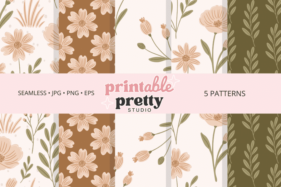Five Floral Patterns In Muted Earth Tones:  Brown, Beige, And Green.  The Patterns Feature Flowers And Leaves.