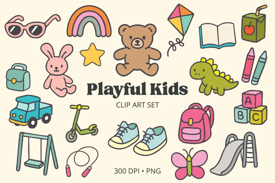 Playful Kids Clip Art Set - digital download PNG graphics with animals, vehicles, and nature elements