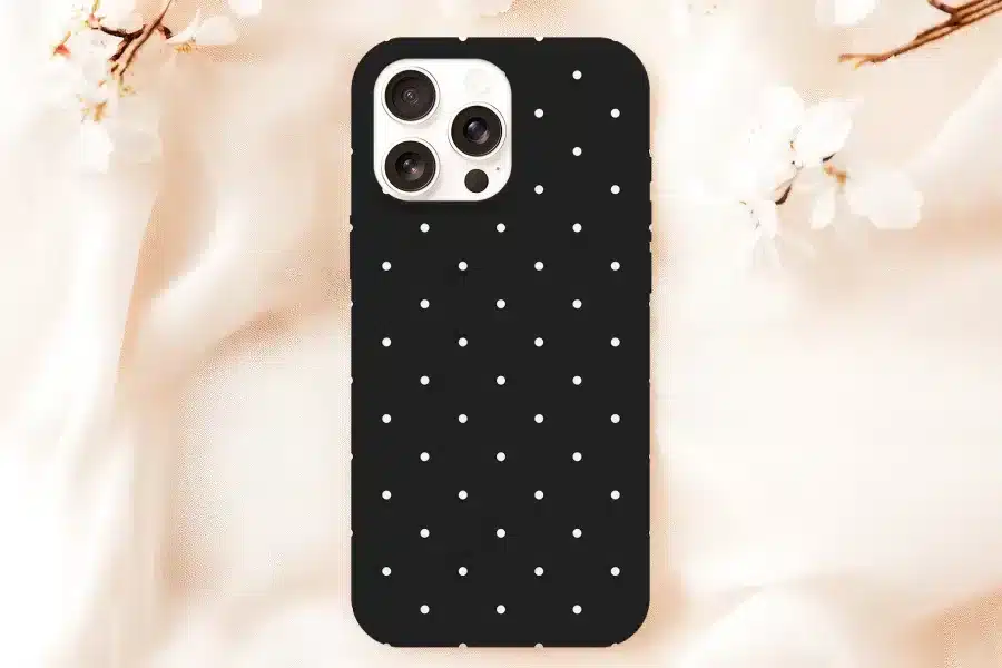 Black Phone Case With White Polka Dots.