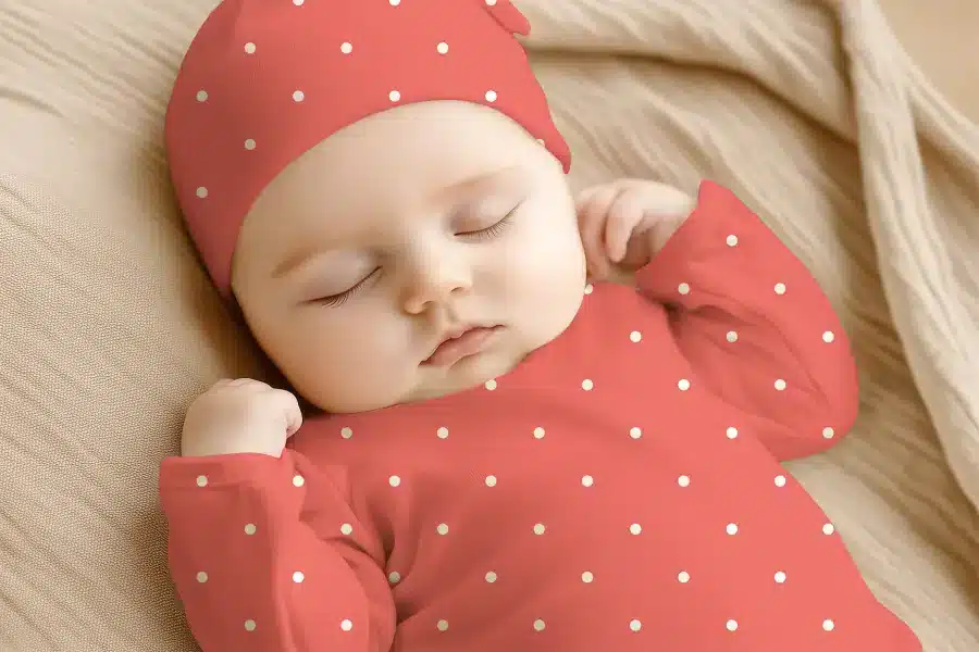 Sleeping Baby Wearing A Coral-Colored Polka Dot Onesie And Matching Hat.