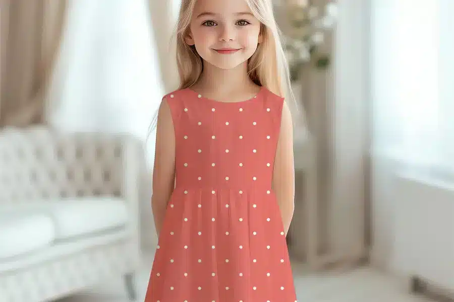 Young Girl In A Coral Polka Dot Dress.