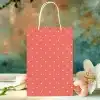 Coral-Colored Gift Bag With White Polka Dots, And A Pink Tulip And White Lily Lying In Front.