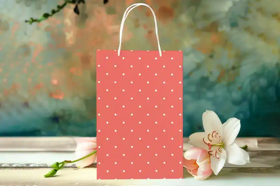 Coral-Colored Gift Bag With White Polka Dots, And A Pink Tulip And White Lily Lying In Front.