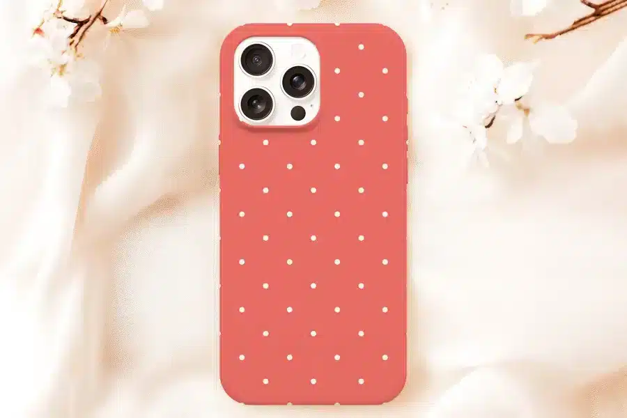 Coral Phone Case With White Polka Dots.
