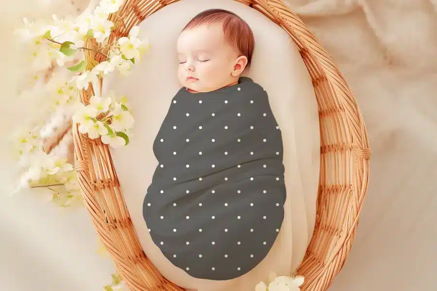 Sleeping baby swaddled in a gray polka dot wrap inside a wicker basket.