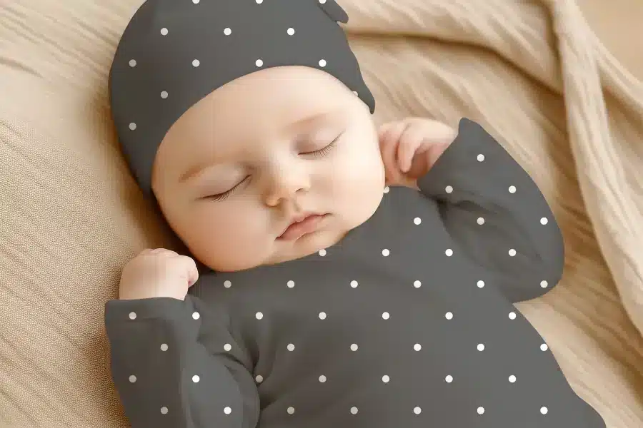 Sleeping Baby Wearing A Gray Polka Dot Hat And Outfit.
