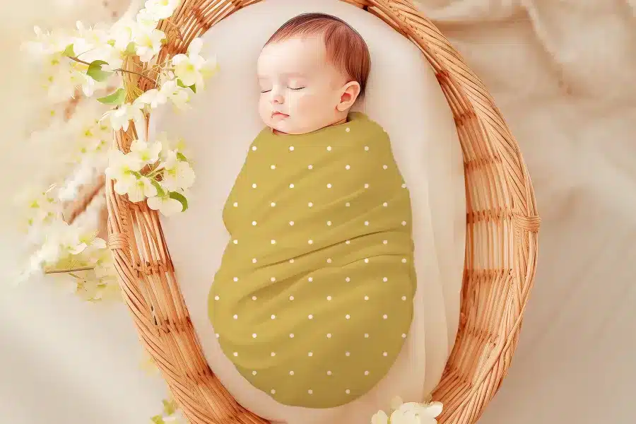 Sleeping baby swaddled in a mustard yellow polka dot wrap.