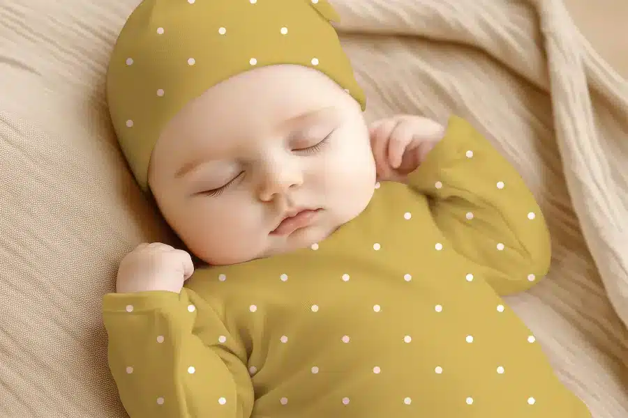 Sleeping Baby Wearing A Mustard Yellow Polka Dot Onesie And Matching Hat.