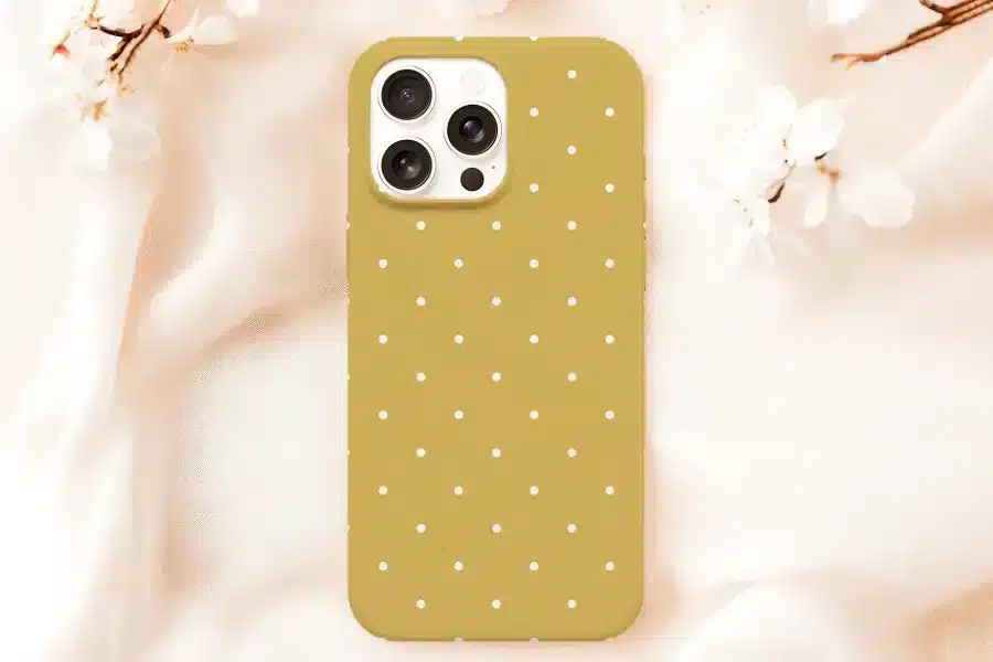 Mustard Yellow Iphone Case With White Polka Dots.