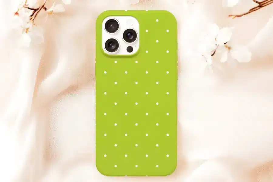 Lime Green Phone Case With White Polka Dots.