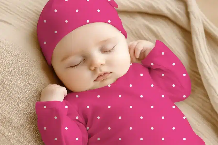 Sleeping Baby Wearing A Pink Polka Dot Hat And Outfit.
