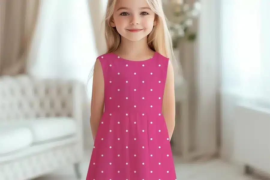 Girl Wearing A Pink Polka Dot Dress.