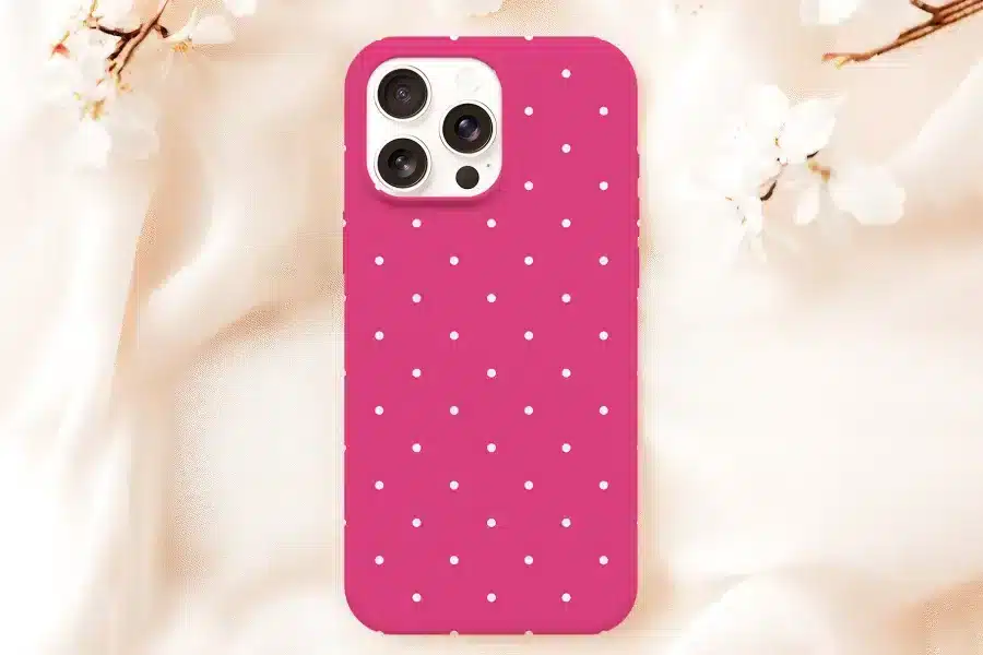 Pink Phone Case With White Polka Dots.