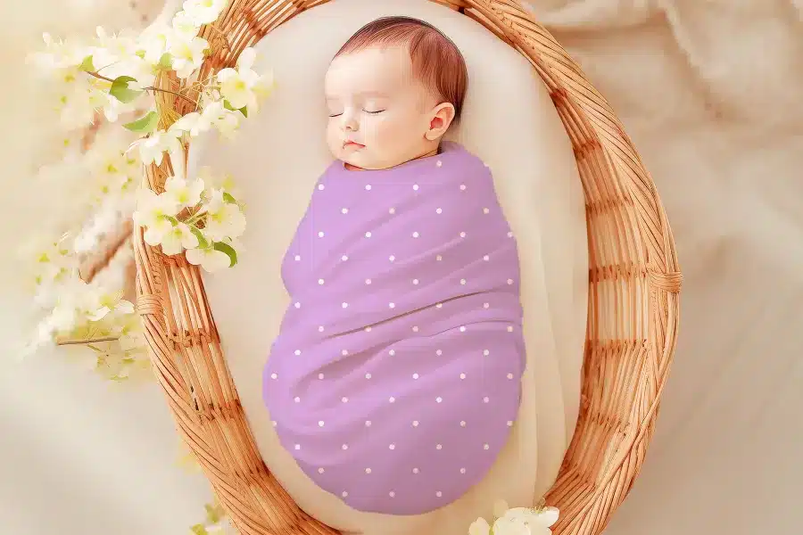 Sleeping baby swaddled in a lavender polka dot blanket.