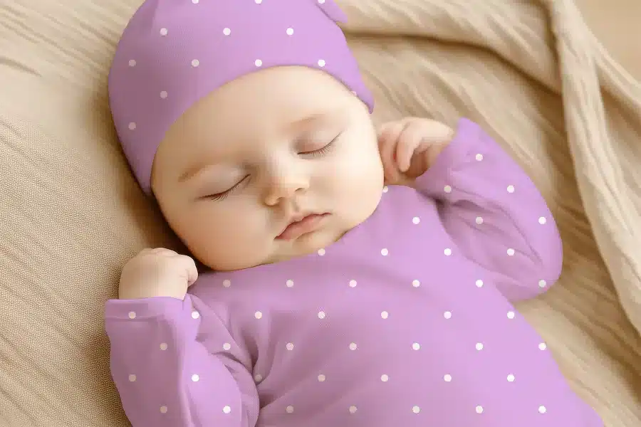 Sleeping Baby Wearing A Lavender Polka Dot Onesie And Matching Hat.