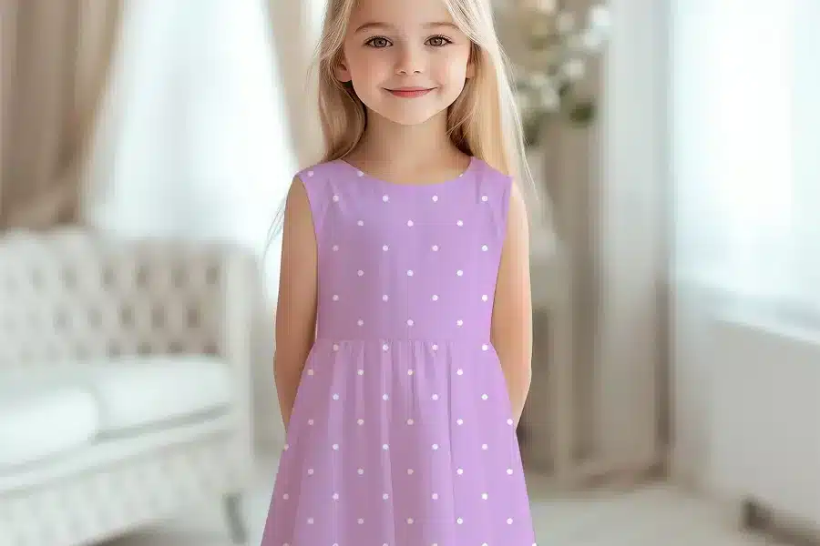 A Young Girl Wearing A Lavender Sleeveless Dress With White Polka Dots.