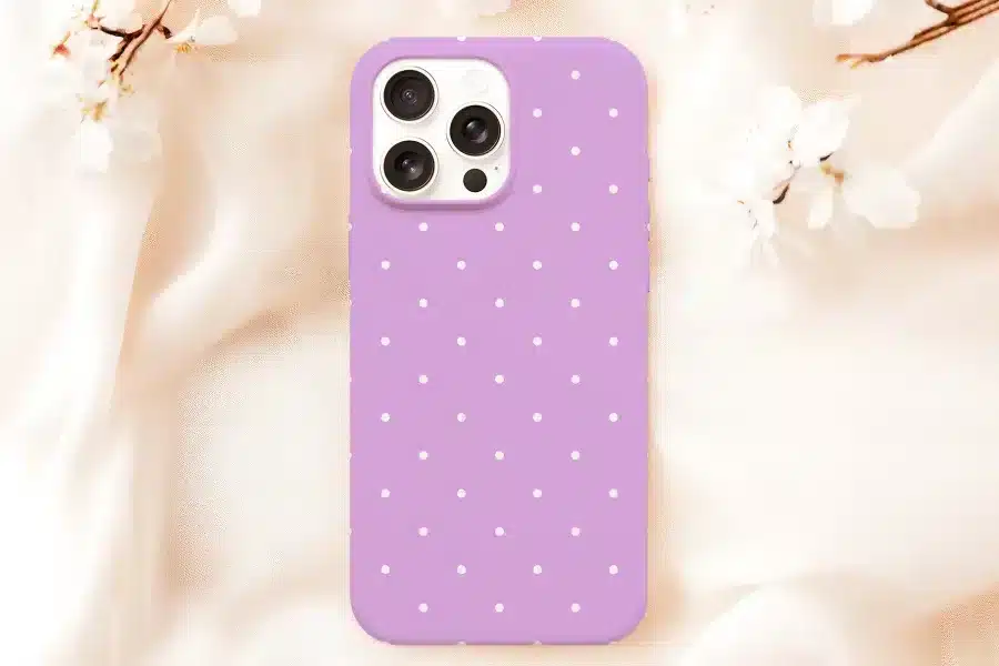 Lavender Phone Case With White Polka Dots.