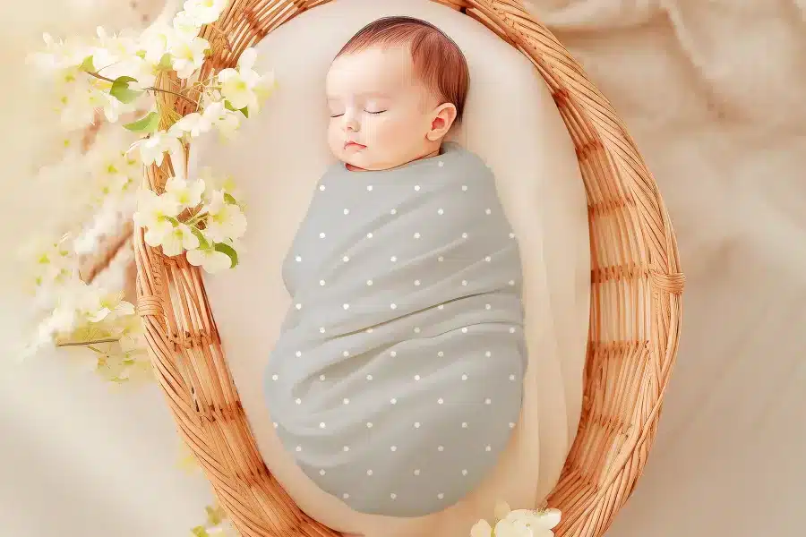 Sleeping baby swaddled in a gray polka dot blanket inside a wicker basket.
