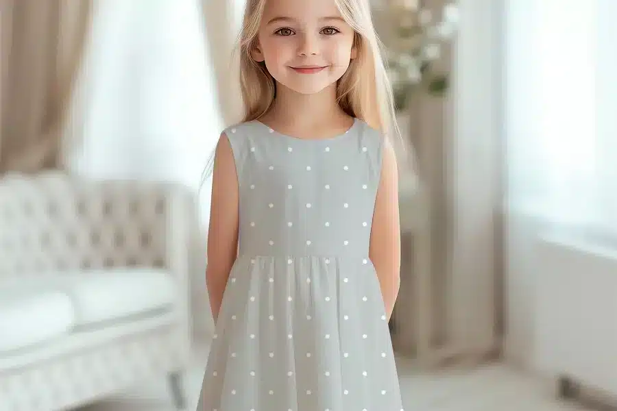 Girl In Light Gray Polka Dot Dress.