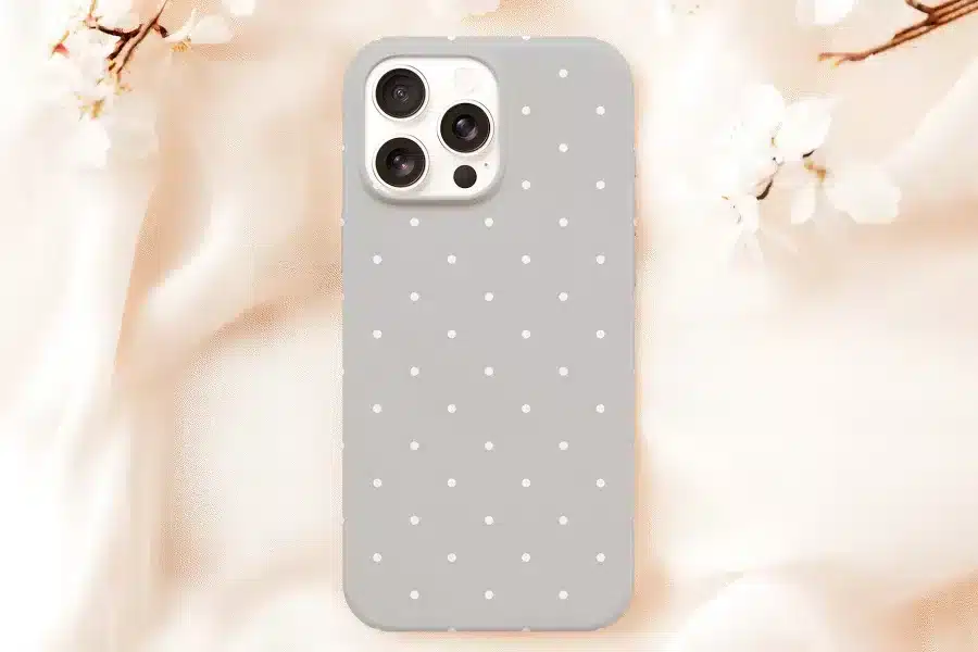 Grey Iphone Case With White Polka Dots.