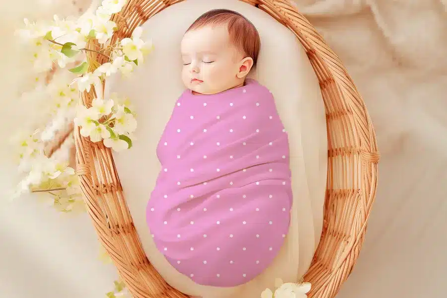 Sleeping baby swaddled in a pink polka dot blanket.
