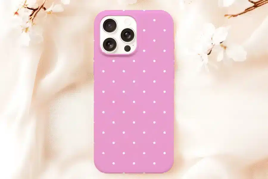 Pink Phone Case With White Polka Dots.