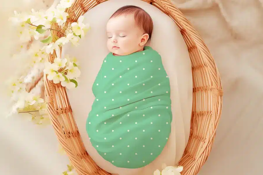 Sleeping baby swaddled in a mint green polka dot blanket.