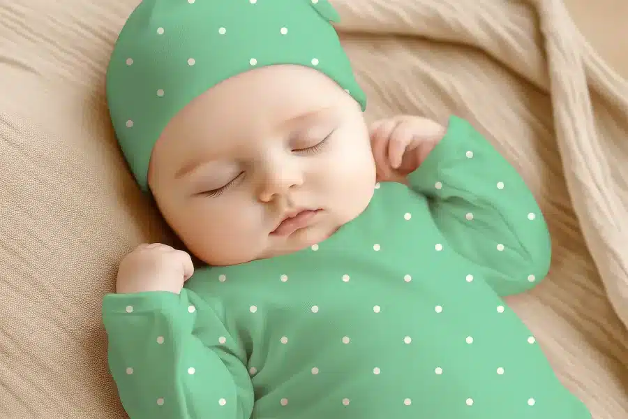 Sleeping Baby Wearing A Mint Green Polka Dot Outfit And Matching Hat.