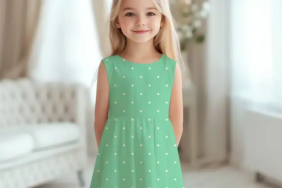 A Young Girl In A Mint Green Polka Dot Dress.
