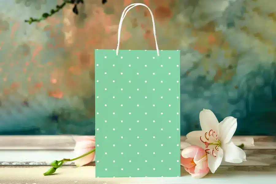 Mint Green Gift Bag With White Polka Dots, Next To Pink Tulips And A White Lily.