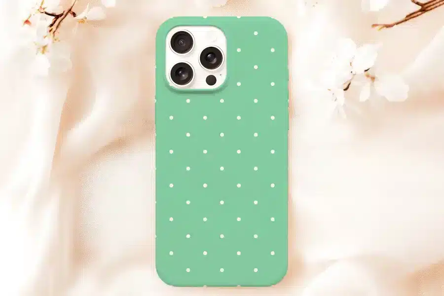 Mint Green Phone Case With White Polka Dots.