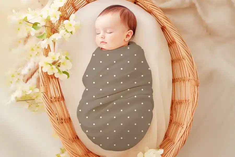 Sleeping baby swaddled in a taupe polka dot blanket inside a wicker basket.
