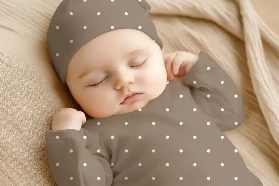 Sleeping Baby Wearing A Taupe Polka Dot Onesie And Matching Hat.