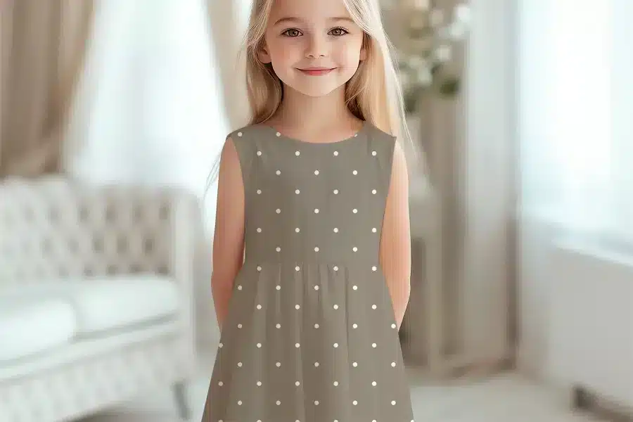 Girl In Taupe Polka Dot Dress.