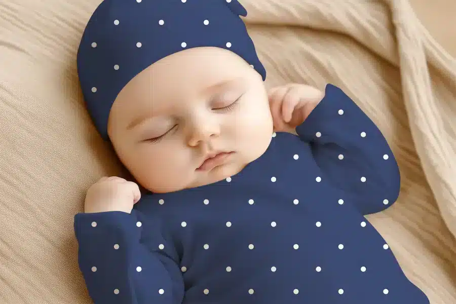 Sleeping Baby Wearing A Navy Blue Polka Dot Hat And Outfit.