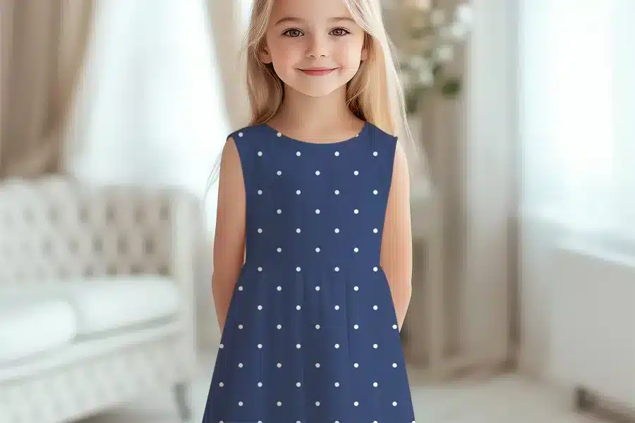 Girl Wearing A Navy Blue Polka Dot Dress.