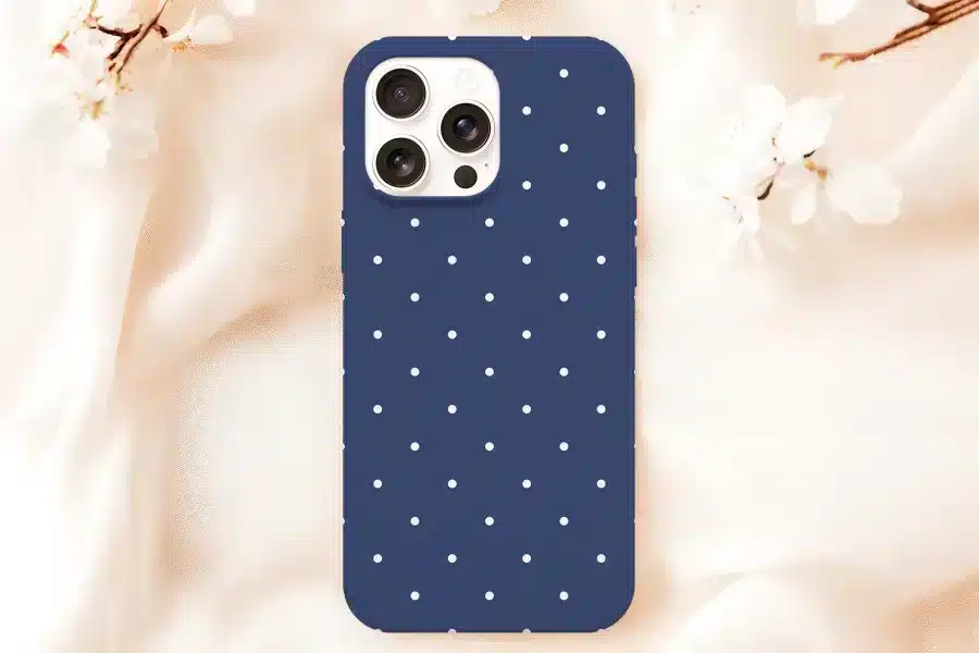 Navy Blue Phone Case With White Polka Dots.