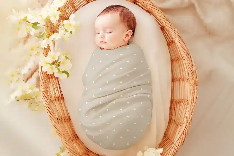 Sleeping baby swaddled in a light beige polka dot blanket inside a wicker basket.